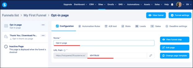 Editing the funnel opt-in page name in systeme.io