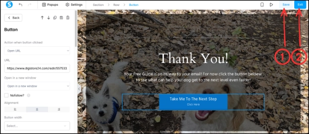 Saving and exiting the Thank You page in Systeme.io