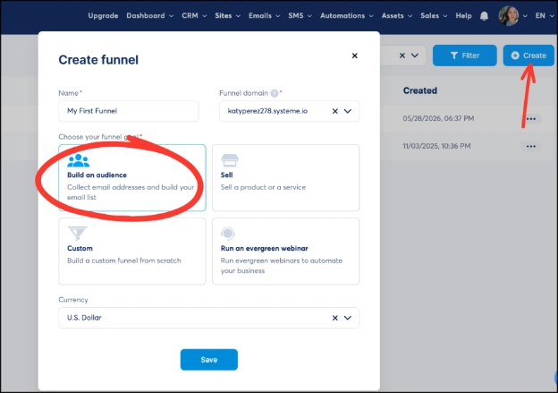 Systeme.io build an audience funnel option