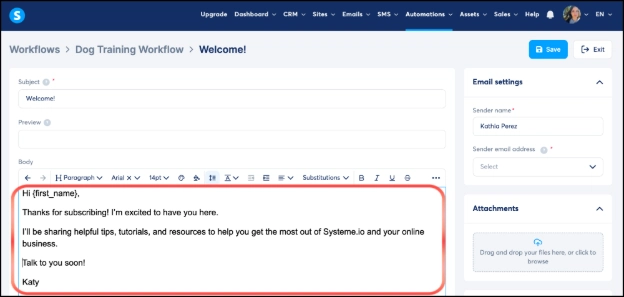 Writing an email in the Body section of a Systeme.io workflow
