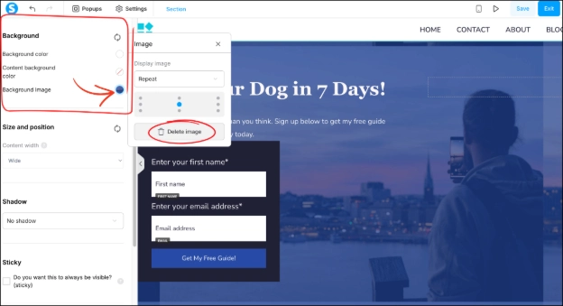 Deleting the background image in Systeme.io's funnel editor