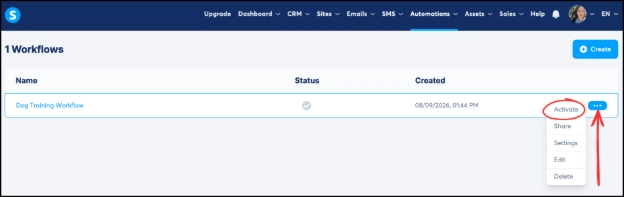 Activating a workflow in Systeme.io
