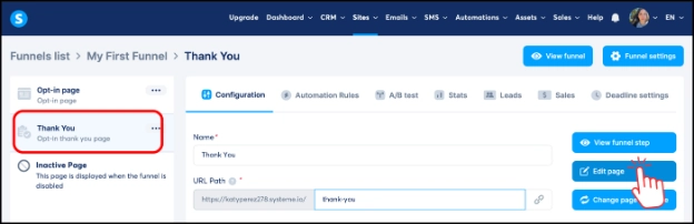 Selecting the Thank You page and clicking Edit Page in Systeme.io