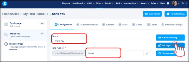 Renaming the thank-you page and changing the URL path in Systeme.io