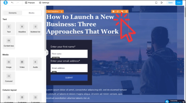 Editing headlines inside of Systeme.io's funnel builder