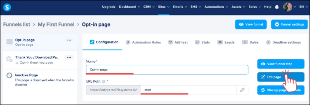 Editing the funnel opt-in page name in systeme.io