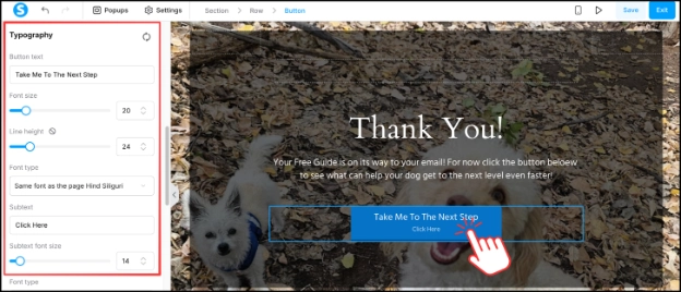 Customizing the button text and typography settings in Systeme.io