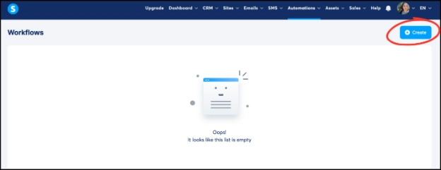 Clicking the Create button to create a new workflow in Systeme.io