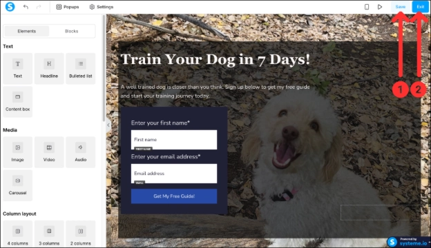 Saving funnel in Systeme.io's funnel editor