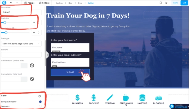 Editing buttons in Systeme.io's funnel editor