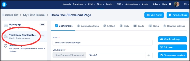 Editing the thank you page in Systeme.io
