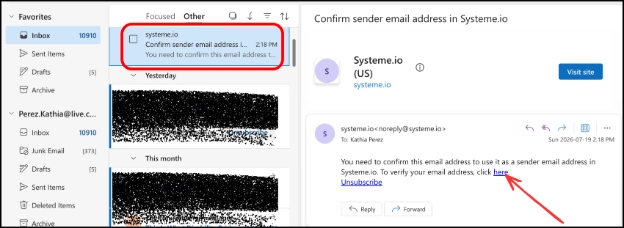 Systeme.io sender email confirmation link