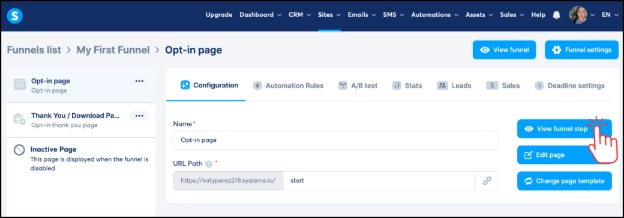 Clicking View Funnel Step in Systeme.io