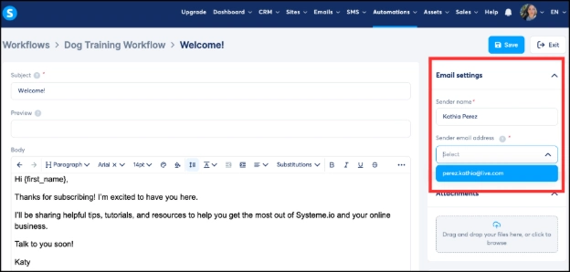 Selecting the sender name and email address in Systeme.io email settings