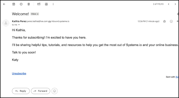 Test email received from a Systeme.io workflow