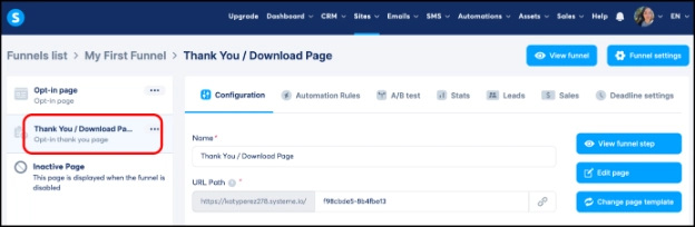 Clicking the thank you page in Systeme.io