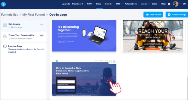 choosing a funnel template in Systeme.io