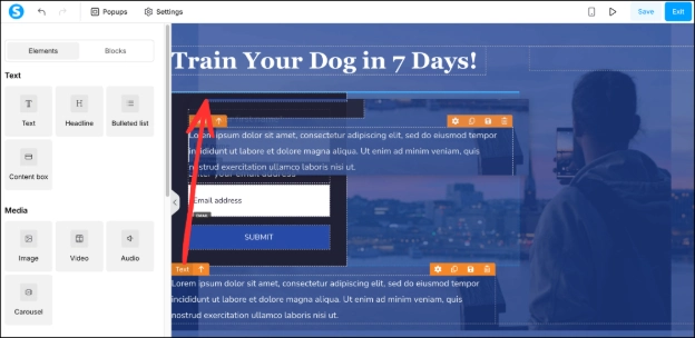 Dragging elements in the Systeme.io funnel editor