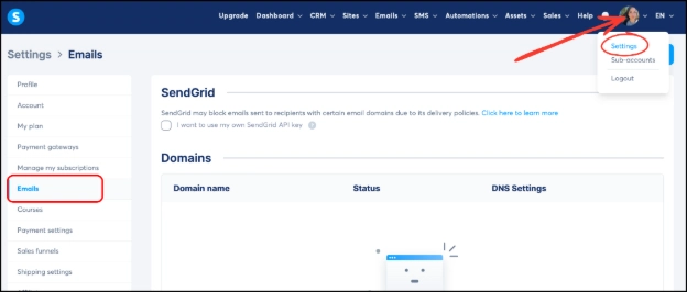 Navigating to email settings in Systeme.io