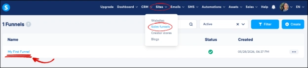 Navigating to sales funnels in Systeme.io