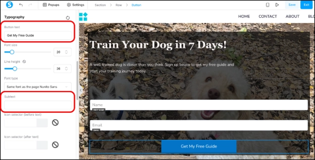 Editing button text and subtext in Systeme.io funnel editor