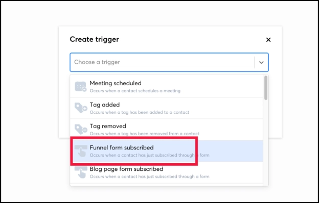 Selecting Funnel Form Subscribed as the trigger in a Systeme.io workflow