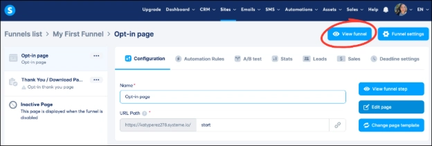 Viewing my final funnel in Systeme.io