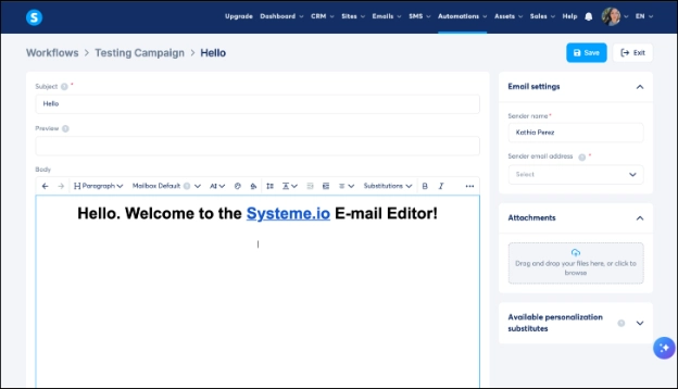 Systeme.io workflow email editor screenshot