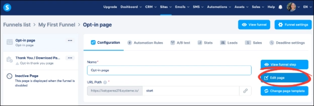 Systeme.io funnel edit page option
