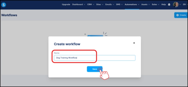 Naming a new Workflow and clicking Save in Systeme.io