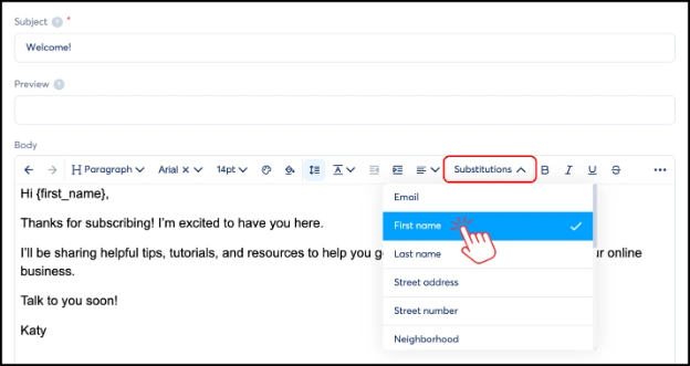 Selecting First name from Substitutions in a Systeme.io email