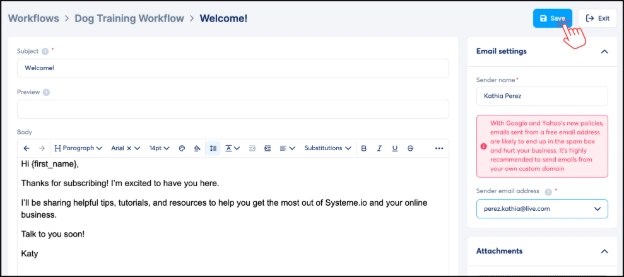 Clicking Save on a Systeme.io workflow email