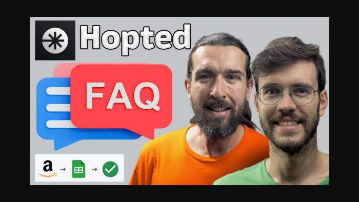 Hopted FAQ feature image with two men, Amazon, and Google Sheets logos