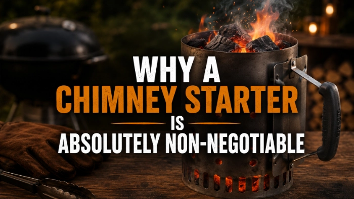 Chimney starter with glowing coals beside a grill